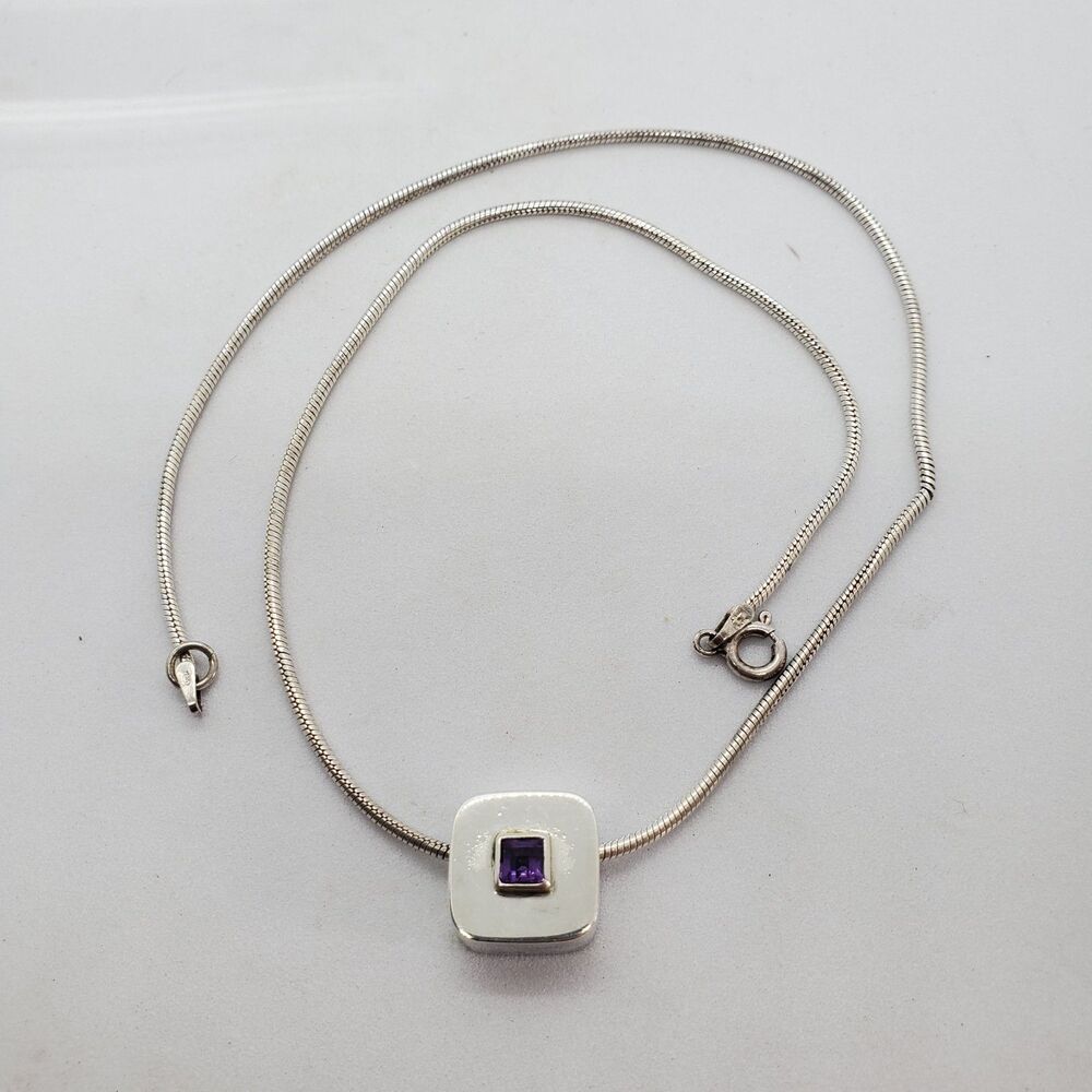 Vintage Sterling Silver and Amythest Necklace Modernist Style Snake Chain 16"